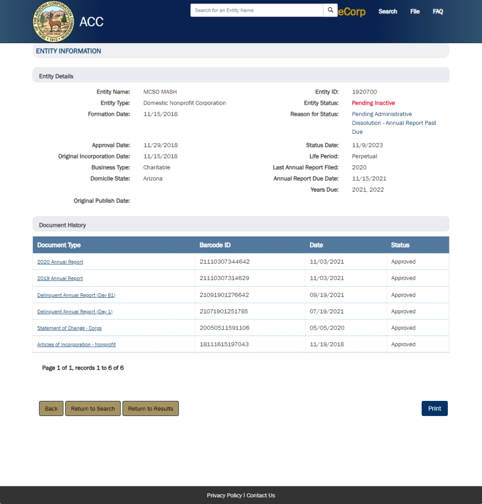 A screenshot of the Arizona Corporation Commission website from Nov. 9, 2023 — after The Arizona Republic contacted the commission about the nonprofit entity MCSO MASH's missing annual reports — shows the group's status was changed to "Pending Inactive."