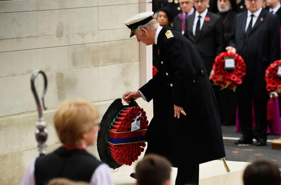 The Prince of Wales lays a wreath (Toby Melville/PA) (PA Wire)