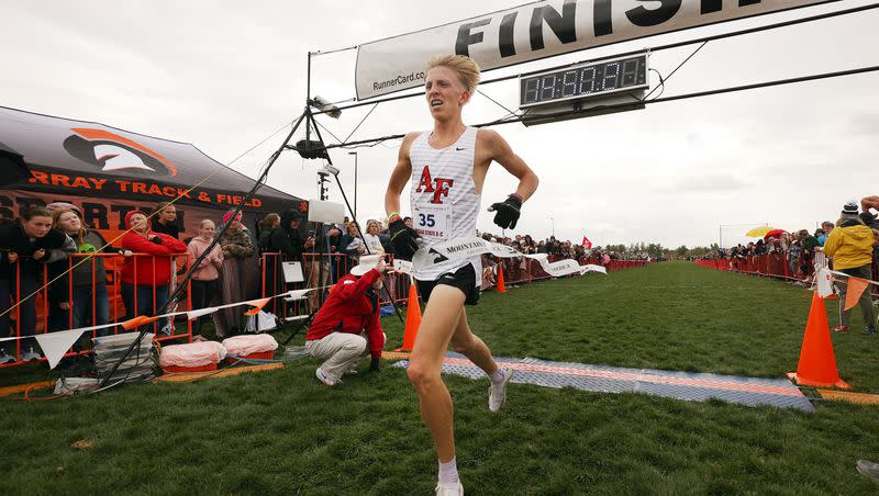 American Fork’s Daniel Simmons takes the tape as 6A runners compete in the state high school cross-country championships at the Regional Athletic Complex in Salt Lake City on Tuesday, Oct. 25, 2022. Simmons placed second in the 3,200-meter run at last week’s Arcadia Invitational in California.