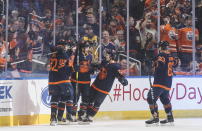 The Edmonton Oilers celebrate a goal against the St. Louis Blues during the first period of an NHL hockey game Friday, Jan. 31, 2020, in Edmonton, Alberta. (Jason Franson/The Canadian Press via AP)