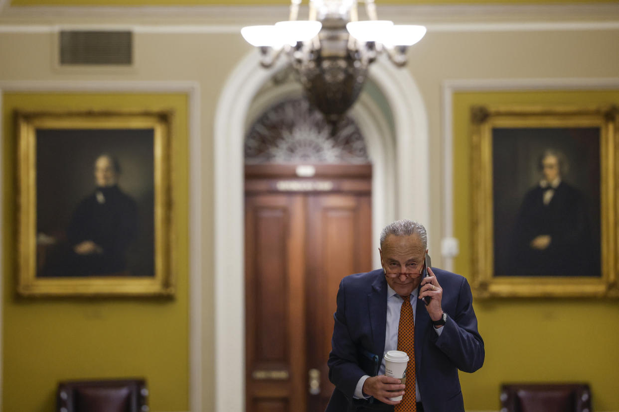 WASHINGTON, DC - SEPTEMBER 07: U.S. Senate Majority Leader Chuck Schumer (D-NY) speaks on his cell phone as he arrives at the U.S. Capitol Building on September 07, 2023 in Washington, DC. The U.S. Senate will consider several nomination votes today. (Photo by Anna Moneymaker/Getty Images)