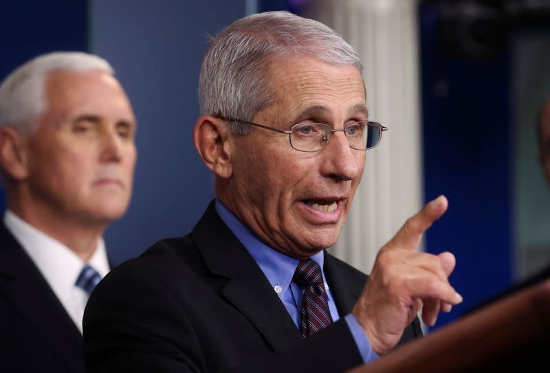 Dr. Anthony Fauci addresses the daily coronavirus response briefing at the White House in Washington