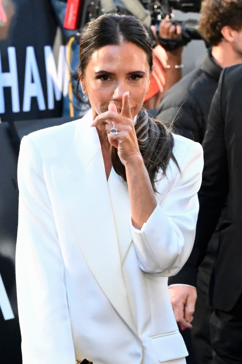 Victoria Beckham pictured wearing a large diamond ring as she  attends the Netflix 'Beckham' UK Premiere at The Curzon Mayfair on October 03, 2023 in London, England.