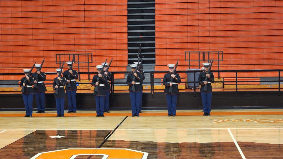 The Caprock High armed drill team shows off their drill skills Friday at the Caprock High School gym.