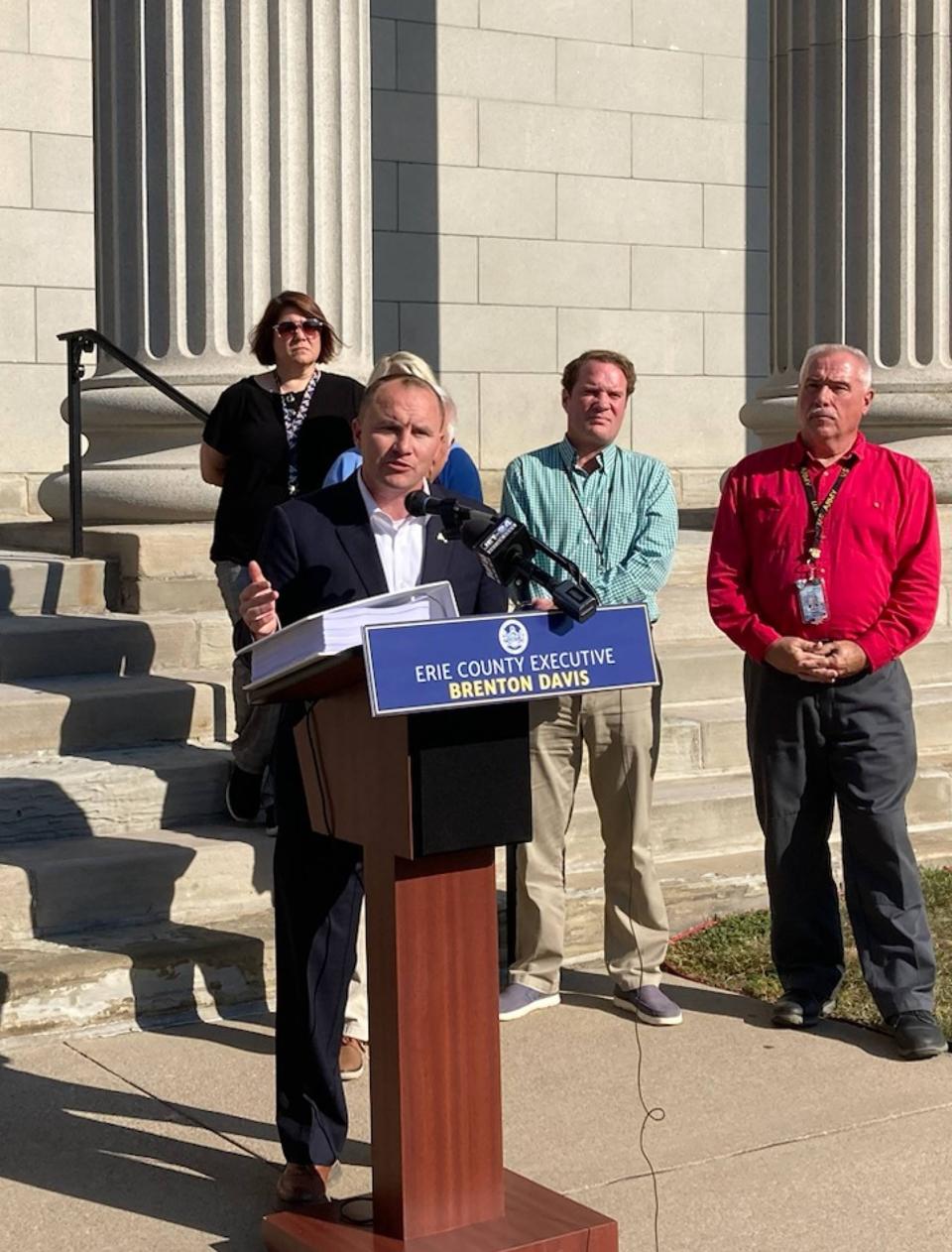 Erie County Executive Brenton Davis holds a news conference outside the Erie County Courthouse on Oct. 3, 2023, to formally deliver the proposed 2024 budget to Erie County Council.