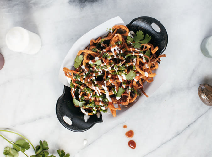 Sweet Potato Curly Fries with Yogurt, Sriracha and Cilantro