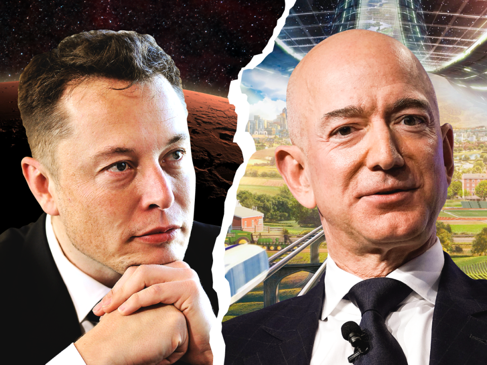 Jeff Bezos' Blue Origin hat bei der FAA Bedenken gegen die Starship-Super Heavy-Startpläne des Konkurrenten SpaceX angemeldet. - Copyright: Lambert/ullstein bild/Getty Images; Alex Wong/Getty Images; Blue Origin; Samantha Lee/Business Insider