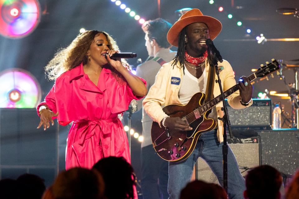 Mickey Guyton performs with Eric Burton of The Black Pumas as the two collaborate for CMT Crossroads at The Factory Tuesday, April 26, 2022, in Franklin, Tenn. 