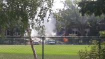 <p>Emergency vehicles attend the scene outside the Minnehaha Academy, after part of the Christian private school collapsed, in Minneapolis, United States August 2, 2017 in this image obtained from social media. (Steven Appelget/via Reuters) </p>