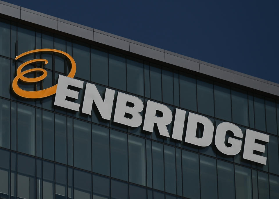 Logo of Enbridge Inc. a multinational pipeline company headquartered in Calgary, Alberta. 
On Sunday, May 15, 2022, in Edmonton, Alberta, Canada. (Photo by Artur Widak/NurPhoto via Getty Images)