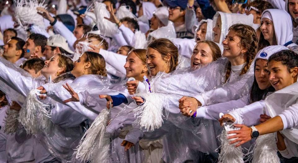 Penn State fans sing and dance during the game against Iowa on Saturday, Sept. 23, 2023, at Beaver Stadium.