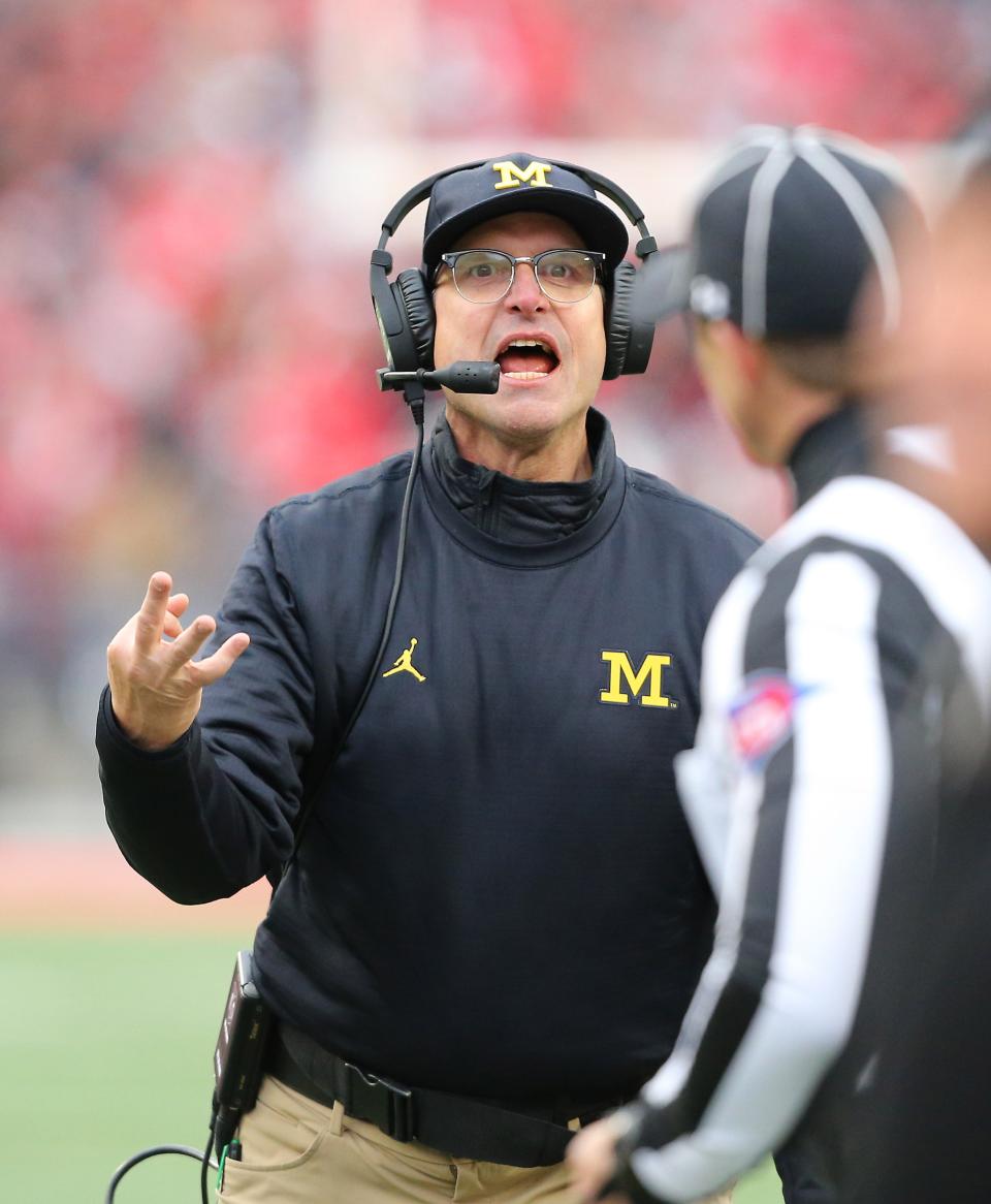 Nov 26, 2016; Columbus, OH, USA;  Michigan Wolverines head coach Jim Harbaugh during the third quarter against the Ohio State Buckeyes at Ohio Stadium. Ohio State won 30-27. Mandatory Credit: Joe Maiorana-USA TODAY Sports