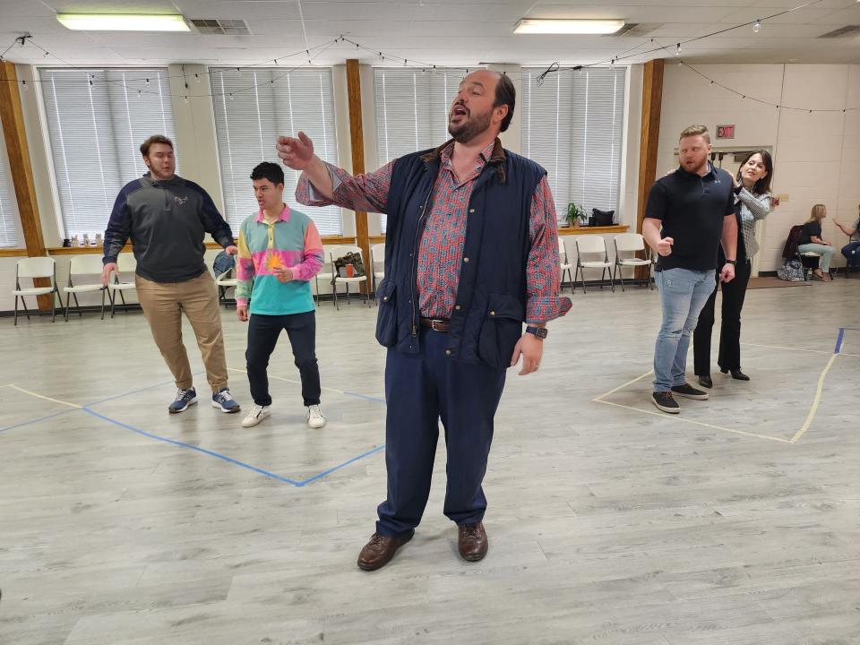 Amarillo Opera cast members, from left, Chancelor Barbaree as Marullo, Nicholas Flott as Borsa, Eric Barry as the Duke of Montua, Travis Hyman as Ceprano, and Katrina Perales as Countess Ceprano rehearse for Verdi's "Rigoletto." The semi-staged concert will be held April 1 in the Globe-News Center for the Performing Arts.