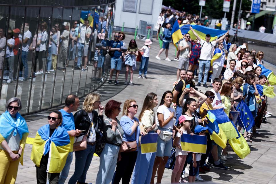 Protesters in Brussels urge the EU to give Ukraine candidacy status (AFP via Getty Images)