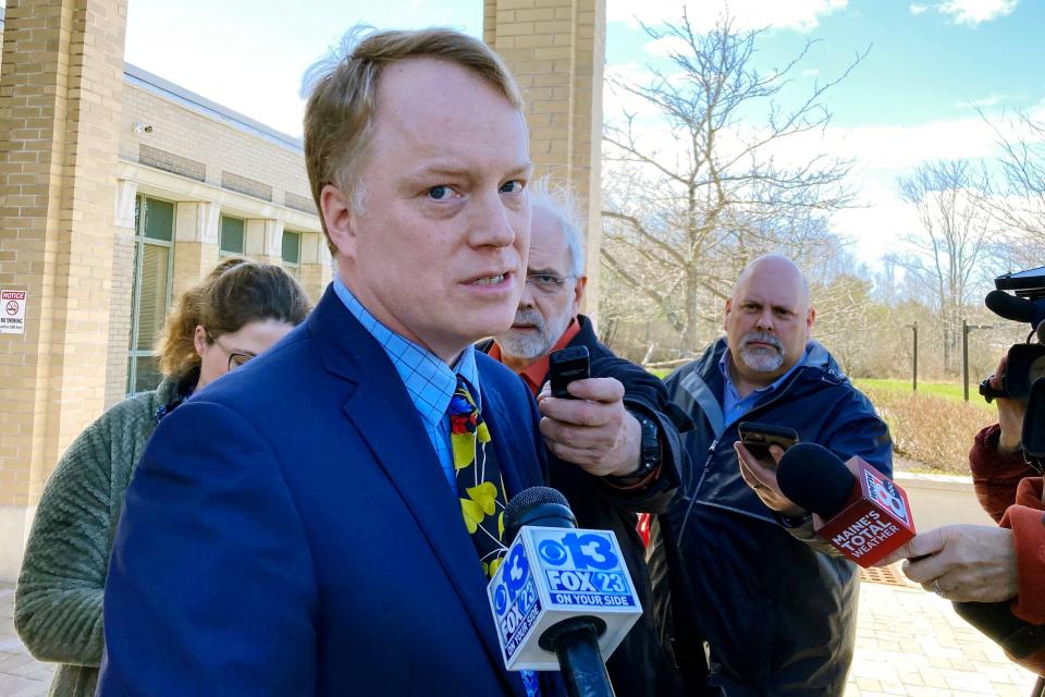 James Mason, the court appointed attorney for Joseph Eaton, the suspect in a shooting spree in Maine, speaks outside court in West Bath, Maine, Thursday, April 20, 2023 (AP)