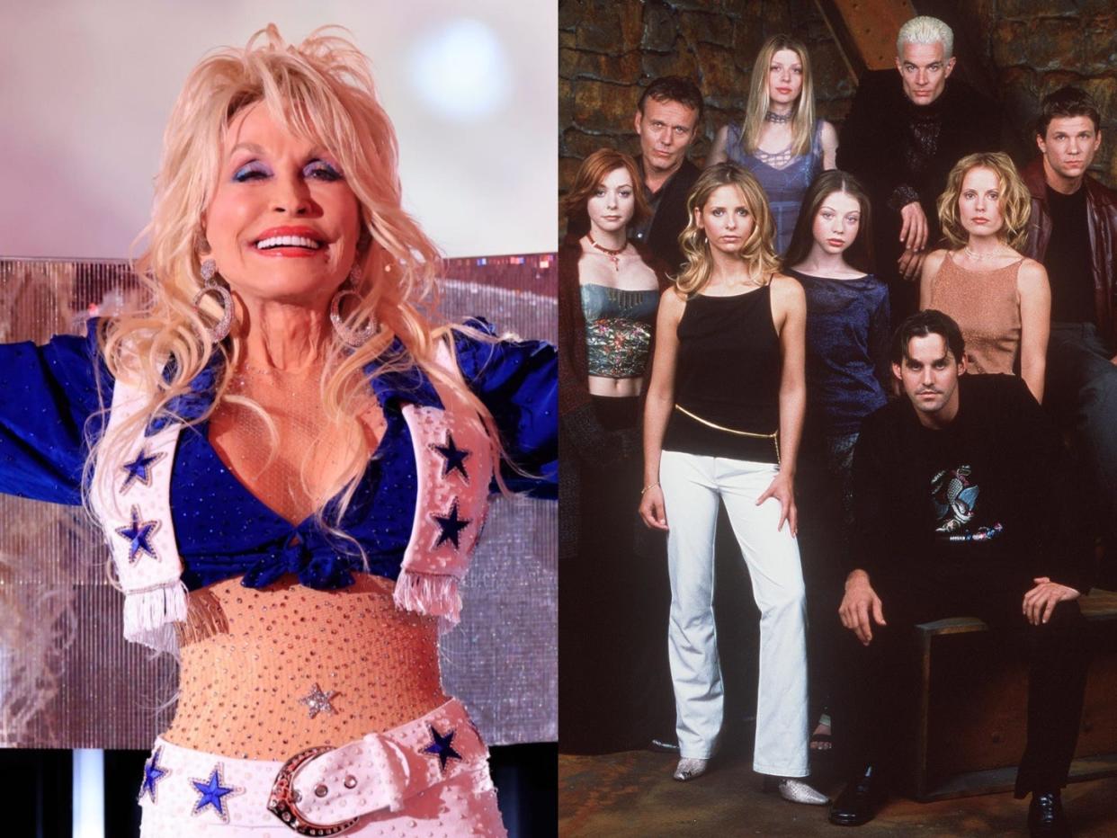 A side-by-side picture of Dolly Parton and the cast of "Buffy the Vampire Slayer."