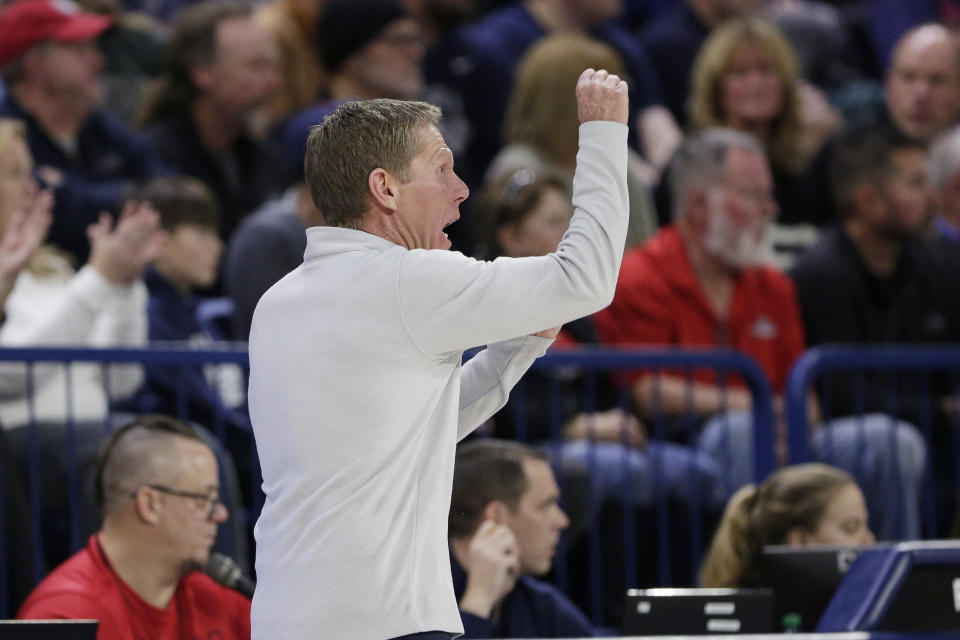 Gonzaga head coach Mark Few directs his team during the first half of an NCAA college basketball game against Kent State, Monday, Dec. 5, 2022, in Spokane, Wash. (AP Photo/Young Kwak)