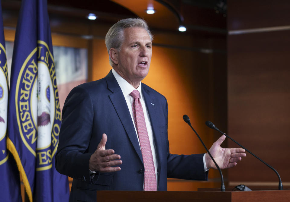 House Minority Leader Kevin McCarthy, R-Calif., criticizes Democrats on immigration policy during his weekly news conference at the Capitol in Washington, Thursday, March 18, 2021. He also said that Rep. Eric Swalwell, D-Calif., should be removed from the House Intelligence Committee. (AP Photo/J. Scott Applewhite)