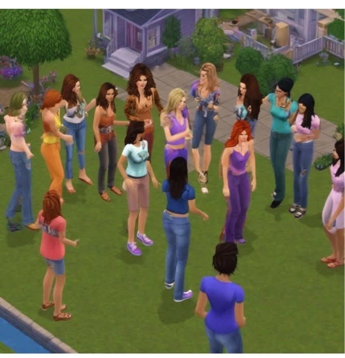 A group of Sims characters from The Sims game series interacting outdoors, some in pairs, casual clothing