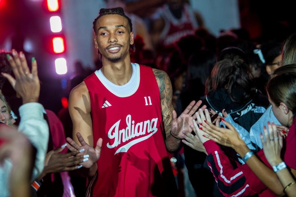 Indiana's C.J. Gunn is announced during Hoosier Hysteria at Simon Skjodt Assembly Hall on Friday, October 20, 2023.