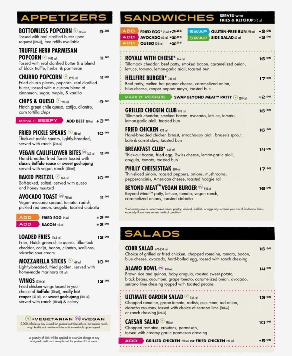 Part of the food and drink menu at Alamo Drafthouse Cinema, opening April 29, 2024, at Mercato in North Naples, Florida.