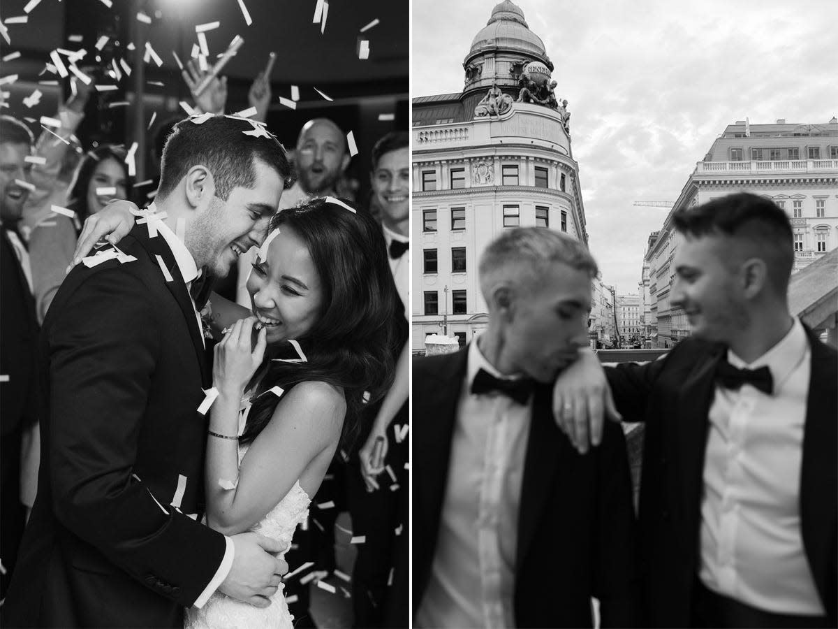 A side-by-side of a bride and groom dancing under confetti and a groom kissing his husband's hand.