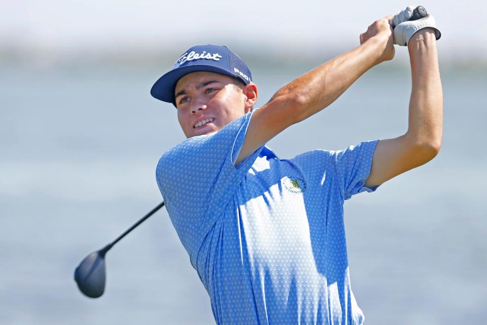 Max Jackson watches his drive on the 13th hole at WInnipaug Country Club find yet another fairway during his commanding 5 and 3 win over Cole Vieira in the RIGA Junior Amateur Boys Championship match.