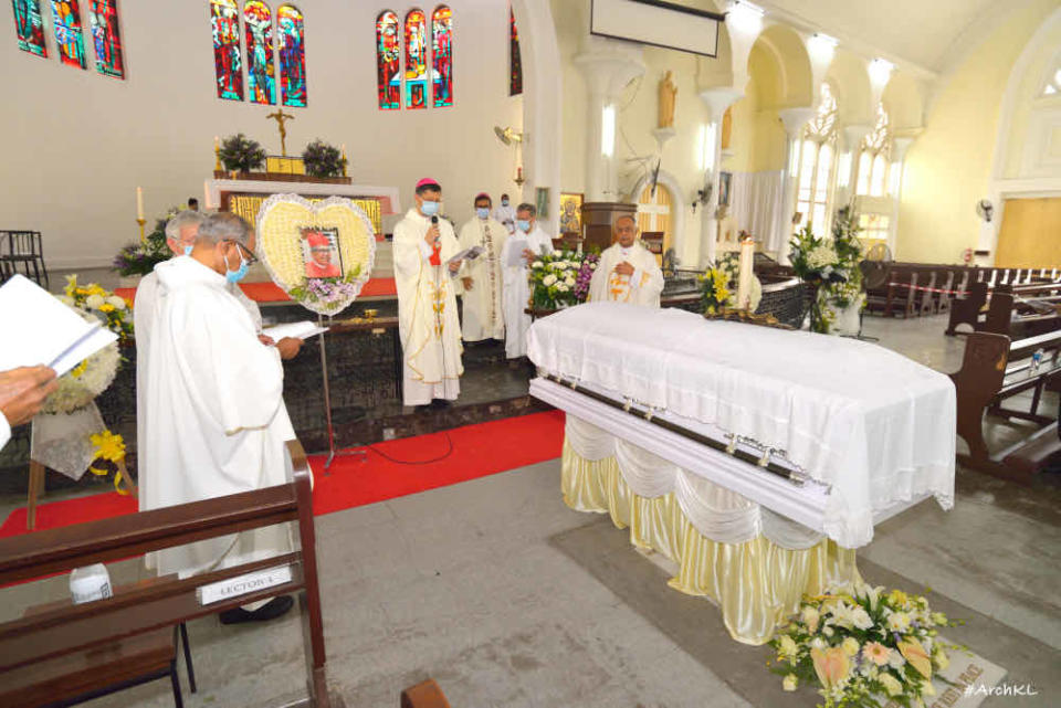 Archbishop of Kuala Lumpur Julian Leow and other clergy at the funeral of Cardinal Anthony Soter Fernandez in Kuala Lumpur October 31, 2020. — Picture courtesy of the Archdiocese of Kuala Lumpur