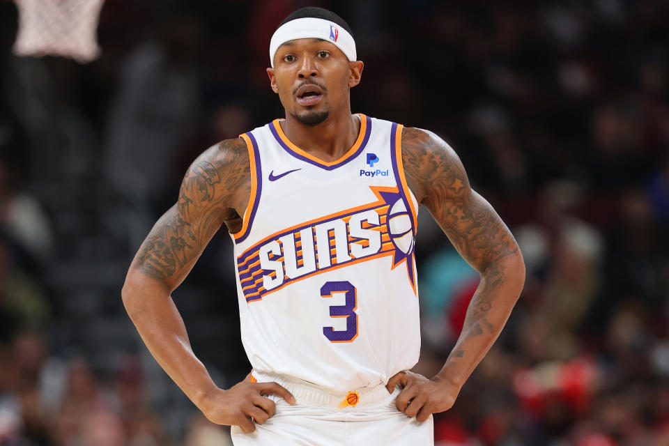 CHICAGO, ILLINOIS - NOVEMBER 08: Bradley Beal #3 of the Phoenix Suns looks on against the Chicago Bulls during the first half at the United Center on November 08, 2023 in Chicago, Illinois. NOTE TO USER: User expressly acknowledges and agrees that, by downloading and or using this photograph, User is consenting to the terms and conditions of the Getty Images License Agreement.  (Photo by Michael Reaves/Getty Images)