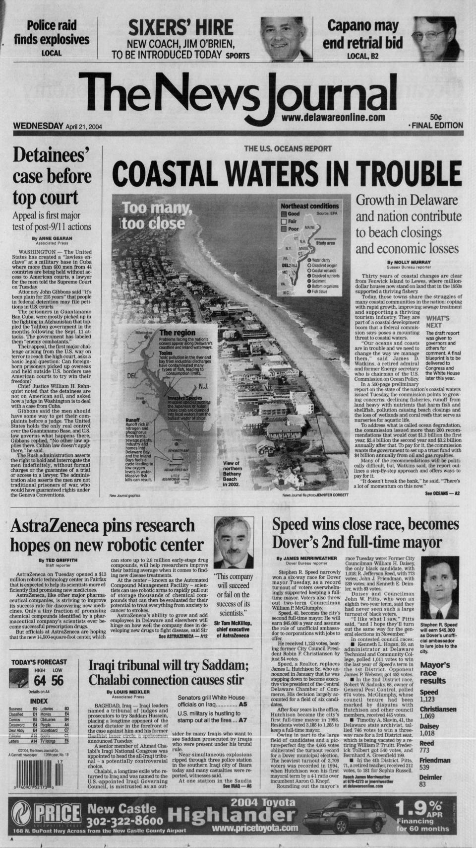 Front page of The News Journal from April 21, 2004.