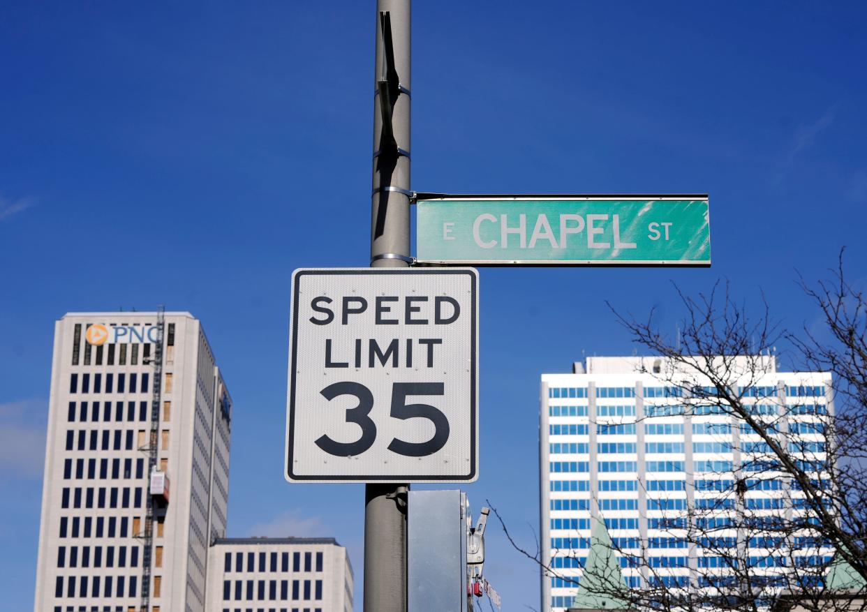 A speed limit sign designates Third Street in downtown Columbus to be a 35 mph zone. Columbus City Council voted 7-0 on Monday to reduce the speed limit on all Downtown streets to 25 mph, a move that must now be approved by the Ohio Department of Transportation since 3rd Street and many other major streets Downtown are also state routes.