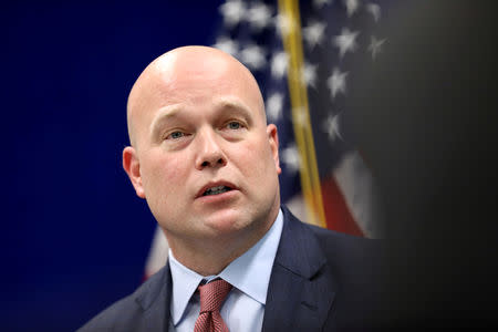 FILE PHOTO: Acting Attorney General Matthew Whitaker speaks to state and local law enforcement on efforts to combat violent crime and the opioid crisis in Des Moines, Iowa, U.S., November 14, 2018. REUTERS/Scott Morgan/File Photo