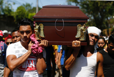 Relatives and friends carry Jairo Hernandez's casket during his funeral in Masaya, who according to the nation's Red Cross was shot dead during a protest over a controversial reform to the pension plans of the Nicaraguan Social Security Institute (INSS) in Nicaragua April 21, 2018. REUTERS/Jorge Cabrera