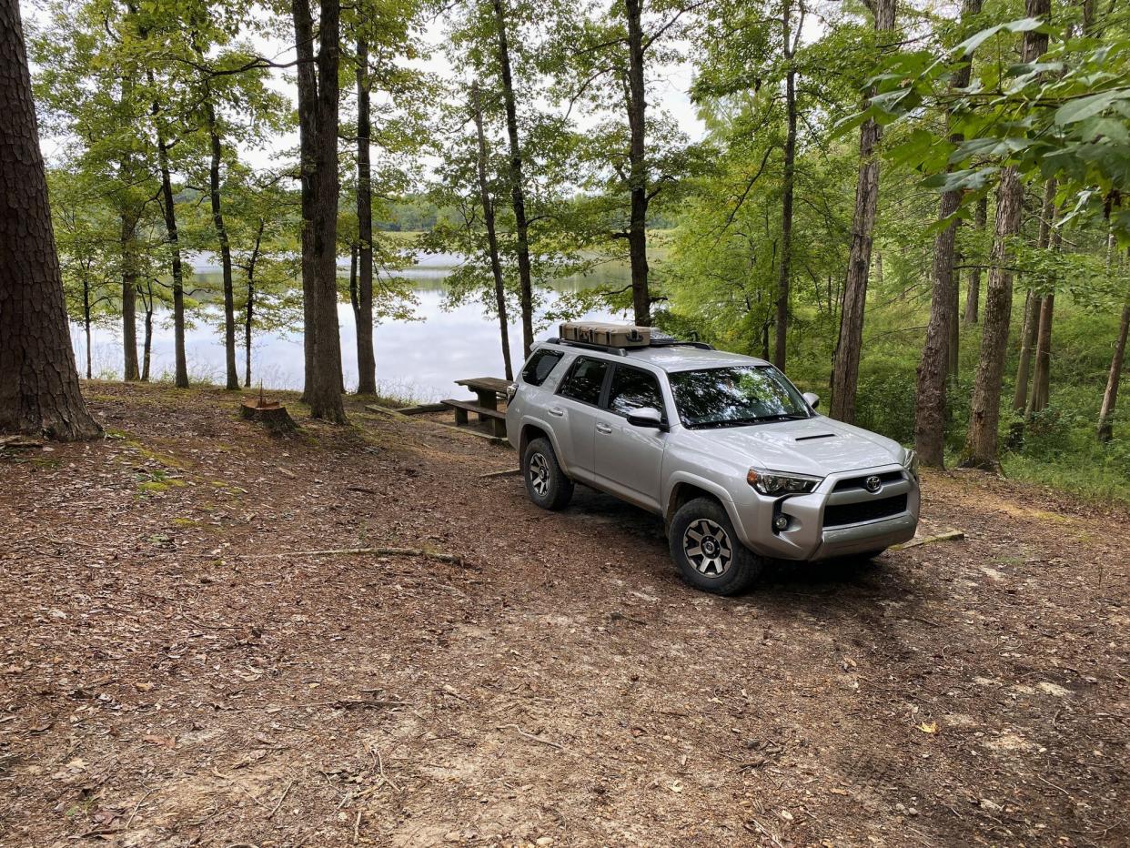 Oxford, Mississippi - September 26, 2020: 4Runner car camping in Puskus Lake Recreation Area campground, located in the Holly Springs National Forest near Oxford, Mississippi.