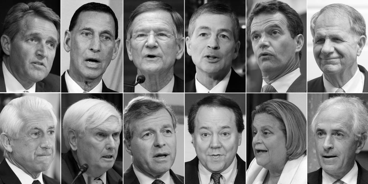 Retiring from Congress, from top, left to right: Sen Jeff Flake, R-Az.; Rep. Frank LoBiondo, R-N.J.; Lamar Smith, R-Texas; Rep. Jeb Hensarling, R-Texas; Rep. Dave Trott, R-Mich.; Rep. Ted Poe, R-Texas; Rep. Dave Reicher, R-Wash.; Rep. John Duncan Jr., R-Tenn.; John Duncan Jr., R-Tenn.; Rep. Pat Tiberi, R-Ohio; Rep. Ileana Ros-Lehtinen, R-Fla.; Sen. Bob Corker, R-Tenn. (Photos: Joshua Roberts/Reuters, Mel Evans/AP, Joel Kowsky/NASA, Carolyn Kaster/AP, Tom Williams/CQ Roll Call via Getty Images, Andrew Harnik/AP, Bill Clark/CQ Roll Call via Getty Images, Jeff Malet/Newscom via Zuma Press, J. Scott Applewhite/AP, John Minchillo/AP, Jeff Malet/Newscom via ZUMA Press, Joshua Roberts/Reuters)