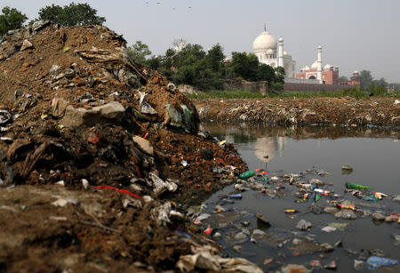 Garbage is seen on the polluted banks of the river Yamuna near the historic Taj Mahal in Agra, India, May 20, 2018. Picture taken May 20, 2018. REUTERS/Saumya Khandelwal
