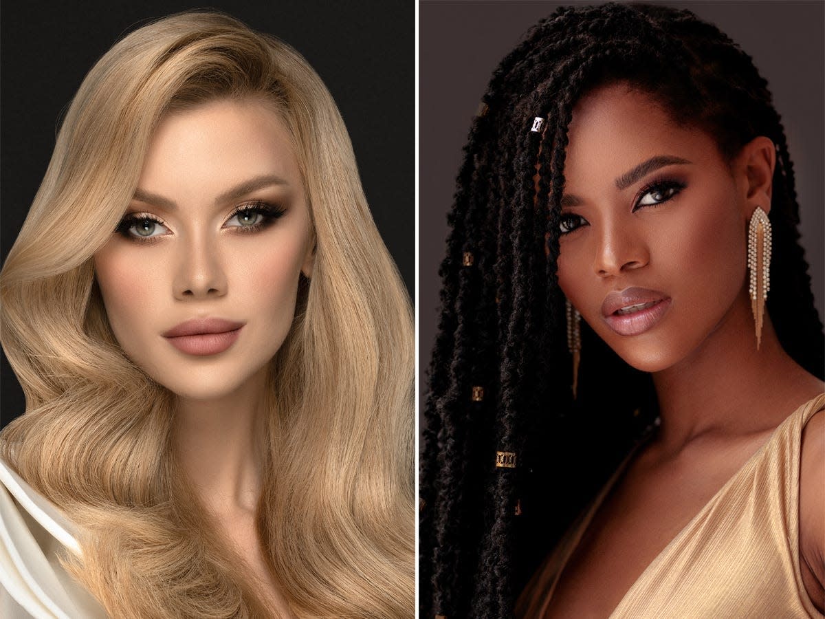 A side-by-side of Miss Ukraine and Miss South Africa 2023.