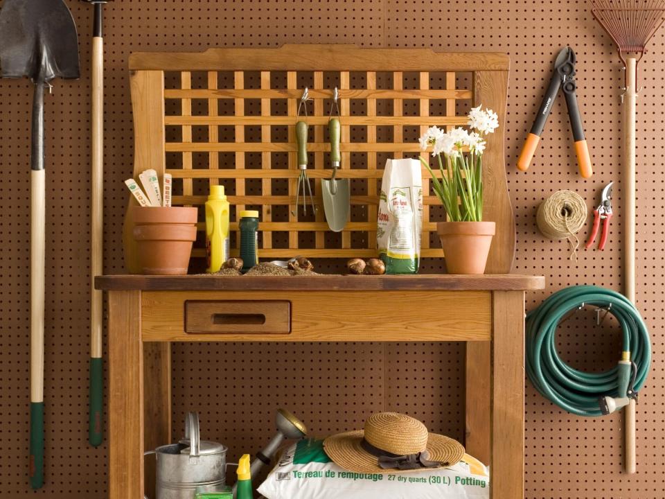 Gardening station with plants and gardening tools