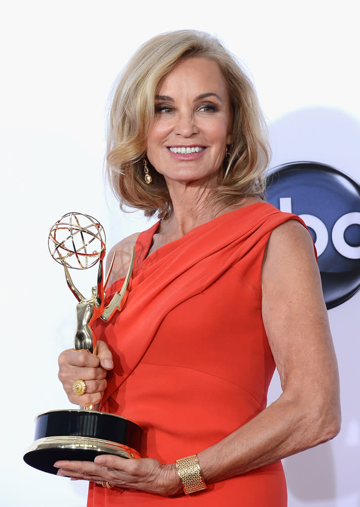 Jessica Lange, winner Outstanding Supporting Actress in a Miniseries or a Movie award for "American Horror Story," poses in the press room at the 64th Primetime Emmy Awards at the Nokia Theatre in Los Angeles on September 23, 2012.