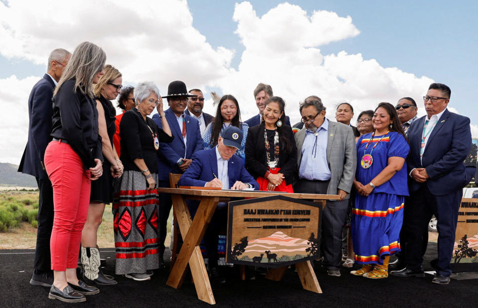 President Biden signs a proclamation establishing the Baaj Nwaavjo I'tah Kukveni — Ancestral Footprints of the Grand Canyon National Monument, at the Historic Red Butte Airfield in Tusayan, Arizona, on Aug. 8, 2023. / Credit: JONATHAN ERNST / REUTERS