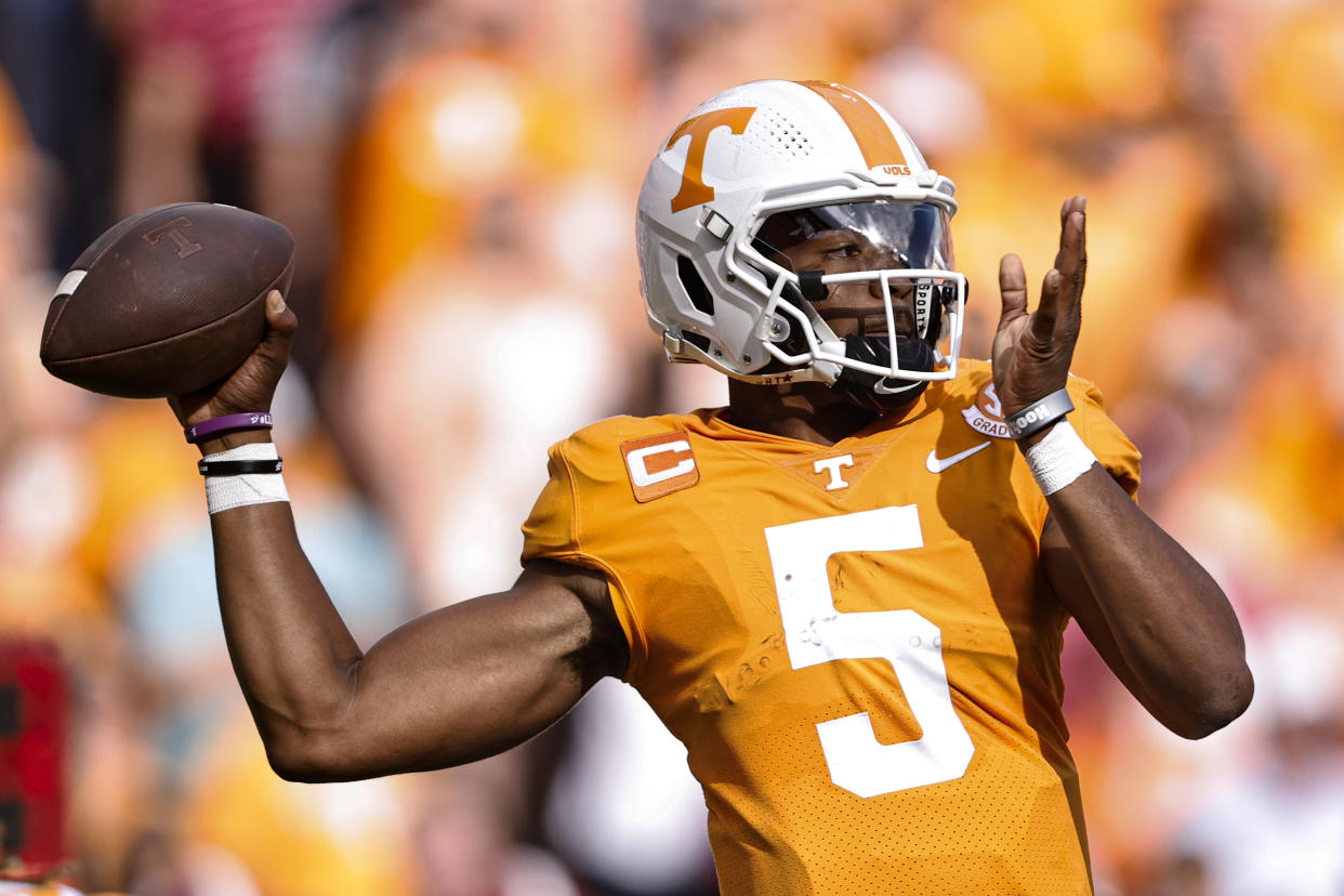 Tennessee quarterback Hendon Hooker (5) throws against Alabama Saturday, Oct. 15, 2022, in Knoxville, Tenn. (AP Photo/Wade Payne)