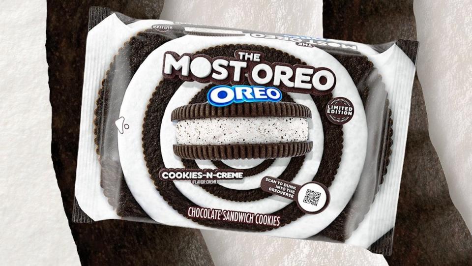 A bag of The Most Oreo Oreo against a matching black and white swirl background