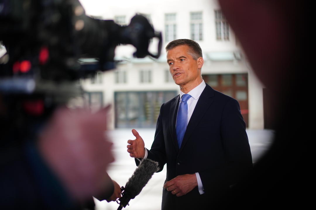 Transport secretary Mark Harper speaking to the media outside BBC Broadcasting House in London, after appearing on the BBC One current affairs programme, Sunday with Laura Kuenssberg. Picture date: Sunday May 5, 2024. (Photo by Victoria Jones/PA Images via Getty Images)