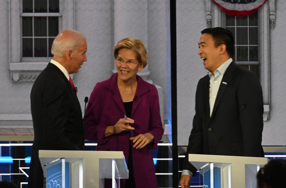 Presidential candidates Joe Biden, Elizabeth Warren and Andrew Yang during the fifth Democratic presidential primary debate in Atlanta. (Photo: Toni L. Sandys/The Washington Post via Getty Images)