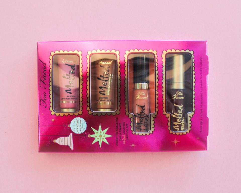 The Too Faced Christmas collection includes a White Chocolate Chip Bar, unicorn highlighter, agenda, and more makeup products to gift a beauty lover.