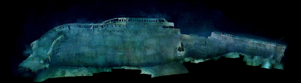 As the starboard profile shows, the Titanic buckled as it plowed nose-first into the seabed, leaving the forward hull buried deep in mud—obscuring, possibly forever, the mortal wounds inflicted by the iceberg. COPYRIGHT© 2012 RMS TITANIC, INC; Produced by AIVL, Woods Hole Oceanographic Institute. <br> <a href="http://ngm.nationalgeographic.com/2012/04/titanic/sides-text" rel="nofollow noopener" target="_blank" data-ylk="slk:See more photos at National Geographic.com;elm:context_link;itc:0;sec:content-canvas" class="link ">See more photos at National Geographic.com</a>