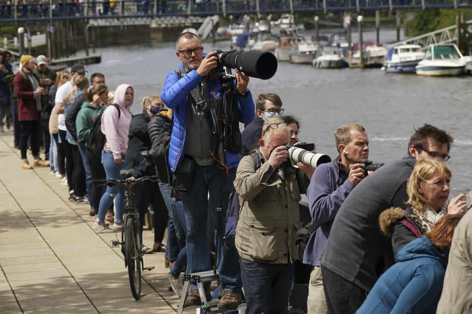 People gather on the footpath at Teddington Lock to try and spot a Minke whale, which was freed on Sunday after it became stuck on Richmond lock's boat rollers but has remained in the Thames, is seen near Teddington Lock in London, Monday, May 10, 2021. A Port of London Authority spokesperson said a whale had never been seen this far up the Thames before, some 95 miles from its mouth. (Yui Mok/PA via AP)