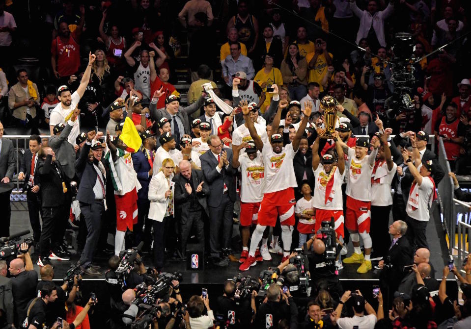 The Toronto Raptors celebrate beating the Golden State Warriors in Game 6 of the 2019 NBA Finals to win the NBA Championship at Oracle Arena. (Kyle Terada-USA TODAY Sports)