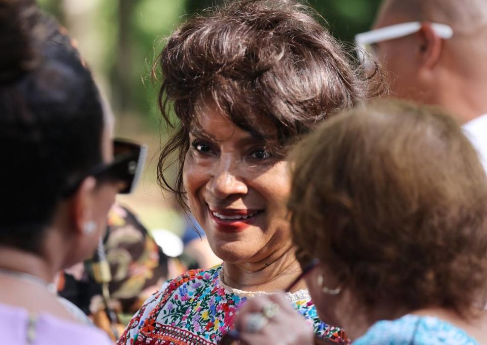 Actress Phylicia Rashad speaks with visitors at her mother’s 100th birthday party Saturday, July 29, 2023 at Brainerd Institute in Chester, S.C.