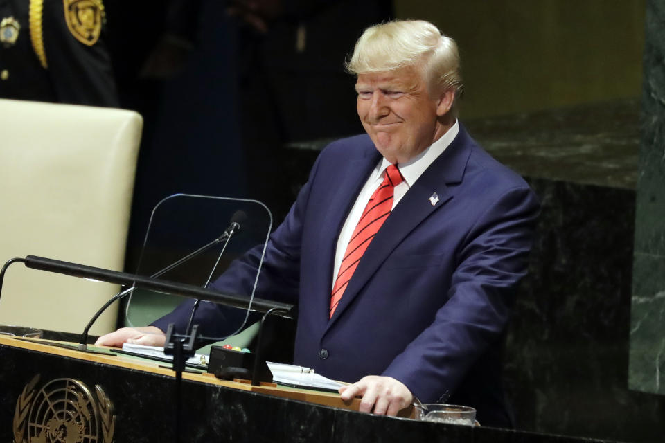 President Donald Trump delivers remarks to the 74th session of the United Nations General Assembly, Tuesday, Sept. 24, 2019, in New York. (AP Photo/Evan Vucci)